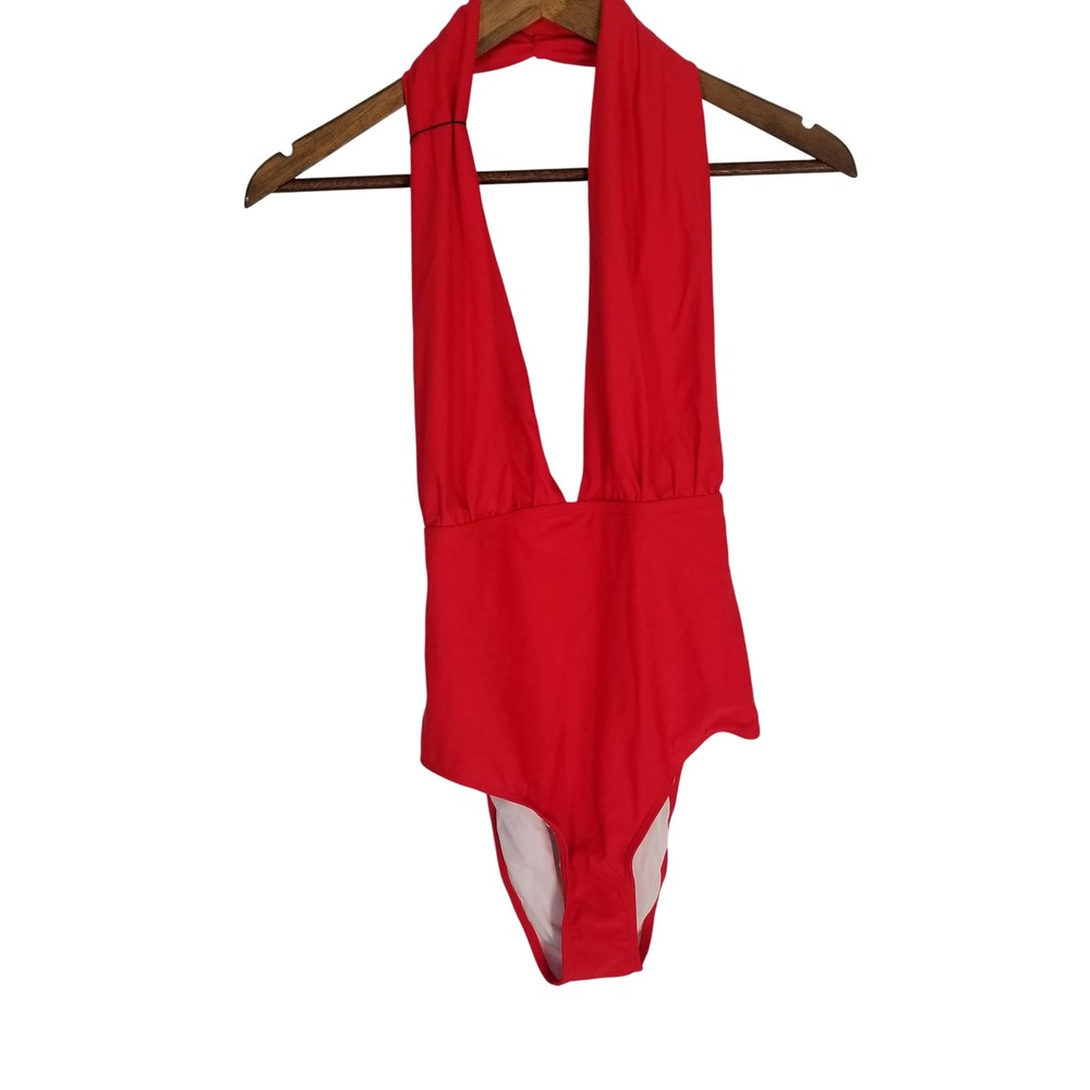 Retro Stage Red Halter One Piece Swimsuit Deep V Neck Pin Up XL NEW - Picture 2 of 10